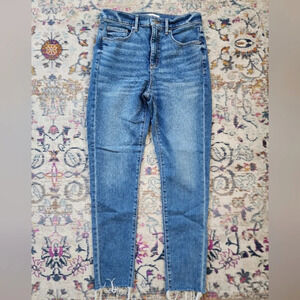 LOFT Jeans Women's 27/4 Blue Med Wash Skinny Cropped Denim Frayed Hem Zip Fly